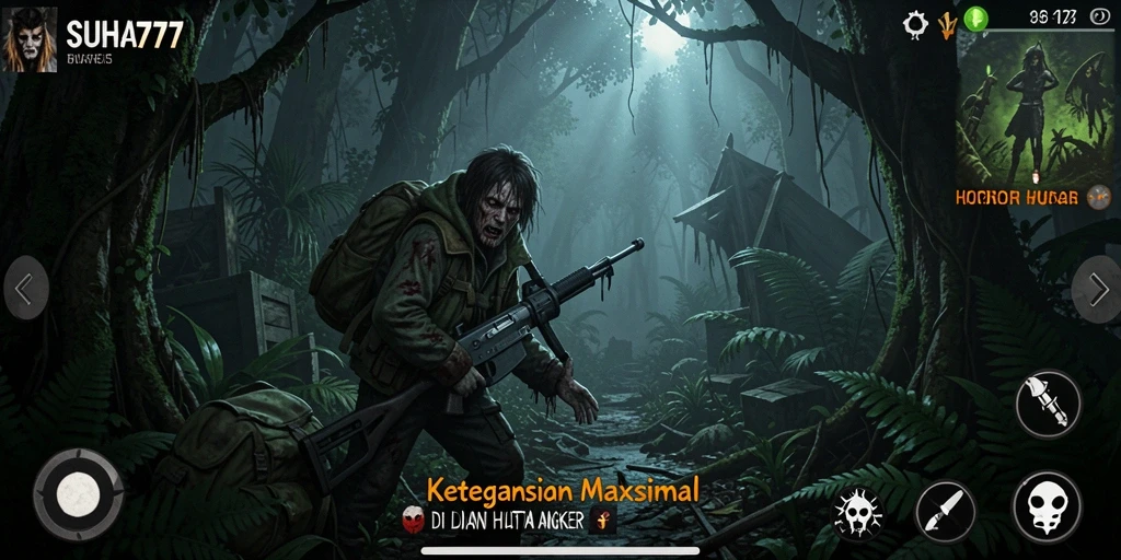Tampilan antarmuka menyeramkan dalam gameplay SUHU777 di hutan angker.